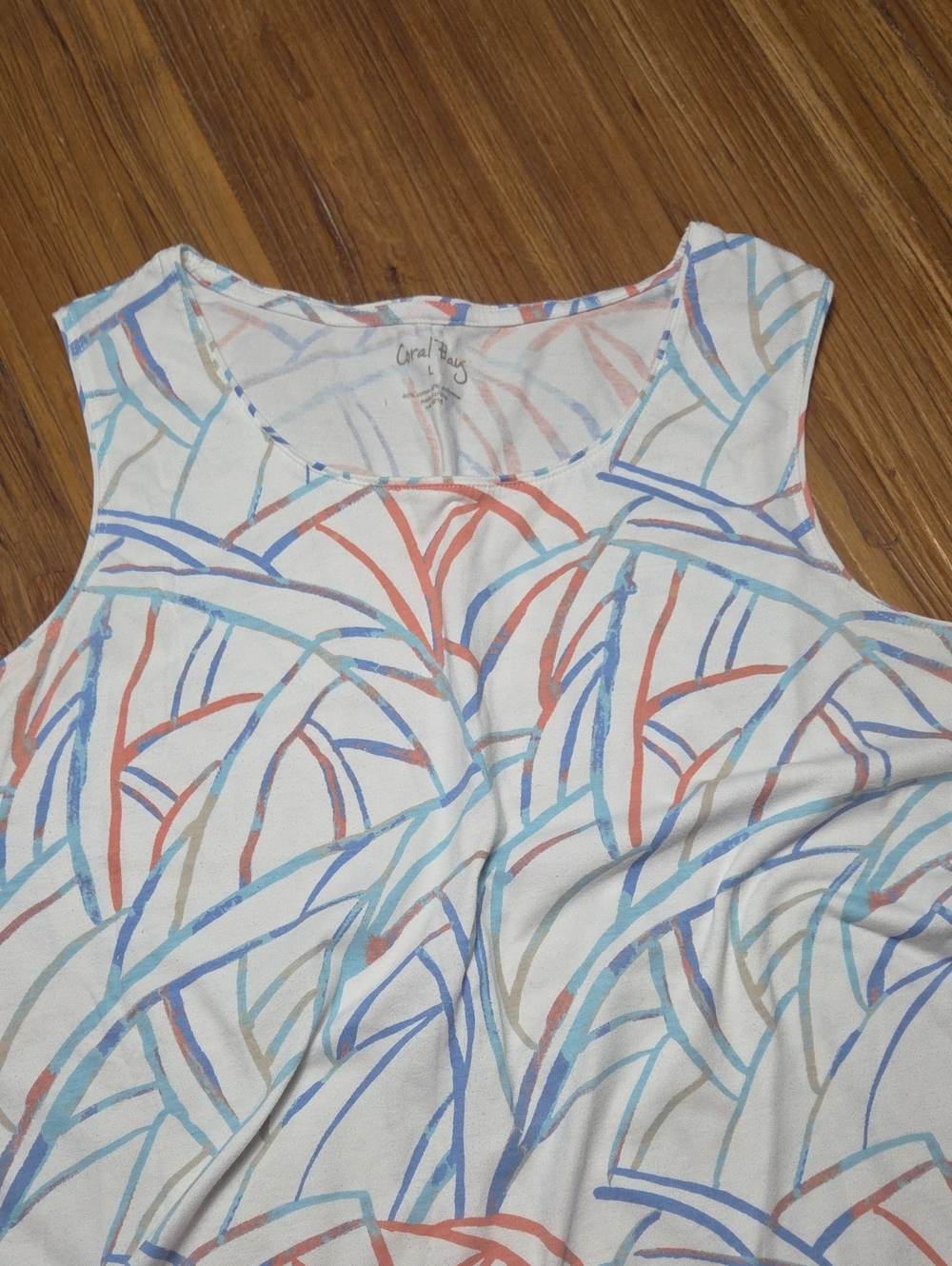 Coral Bay White Tank with Blue, Coral & Tan Abstract Stripes